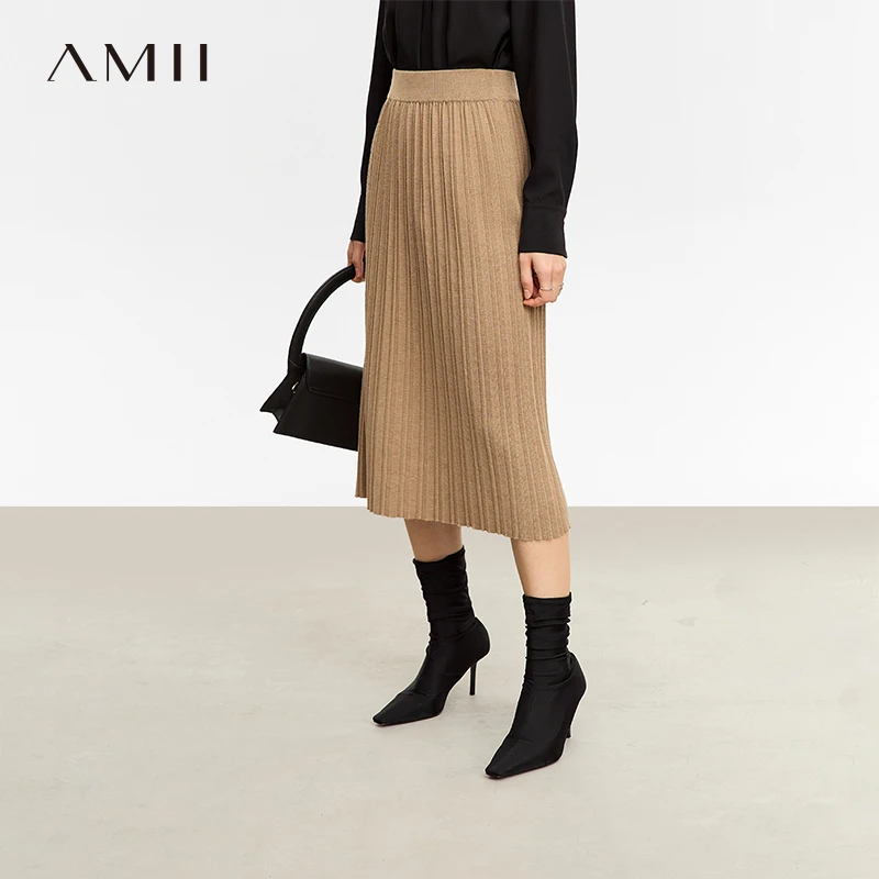 Amii通勤百搭显瘦百褶针织半身裙女宽松中长裙子12323177