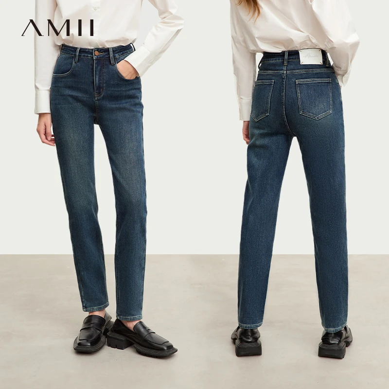 Amii复古休闲锥形加绒牛仔长裤女12344334