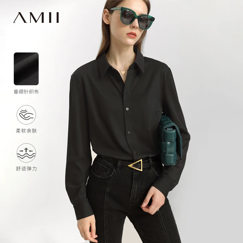 Amii极简职场通勤挺括显瘦衬衣宽松衬衫上衣黑色气质小众12351012