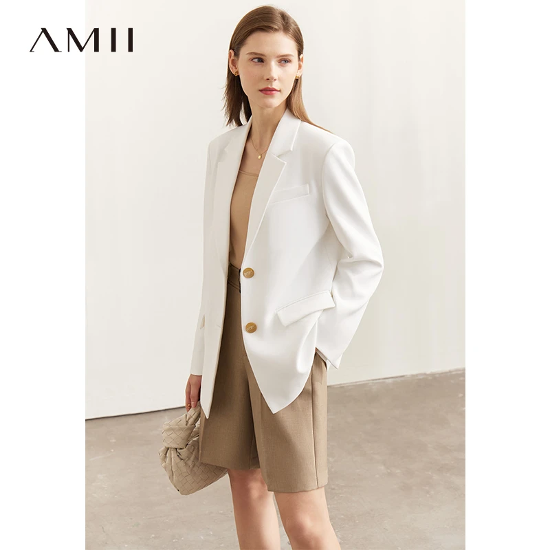 Amii翻驳领单排扣字母印花显瘦西装女时尚通勤气质休闲12270320