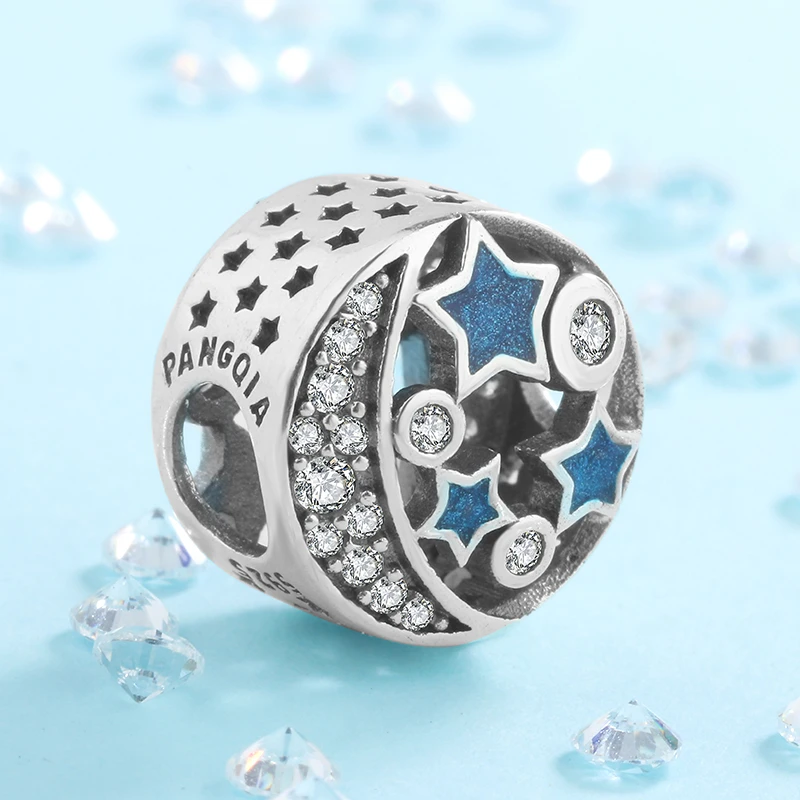 潘家风格925纯银手链女手镯配饰星星夜空蓝色珠子diy配件复古散珠
