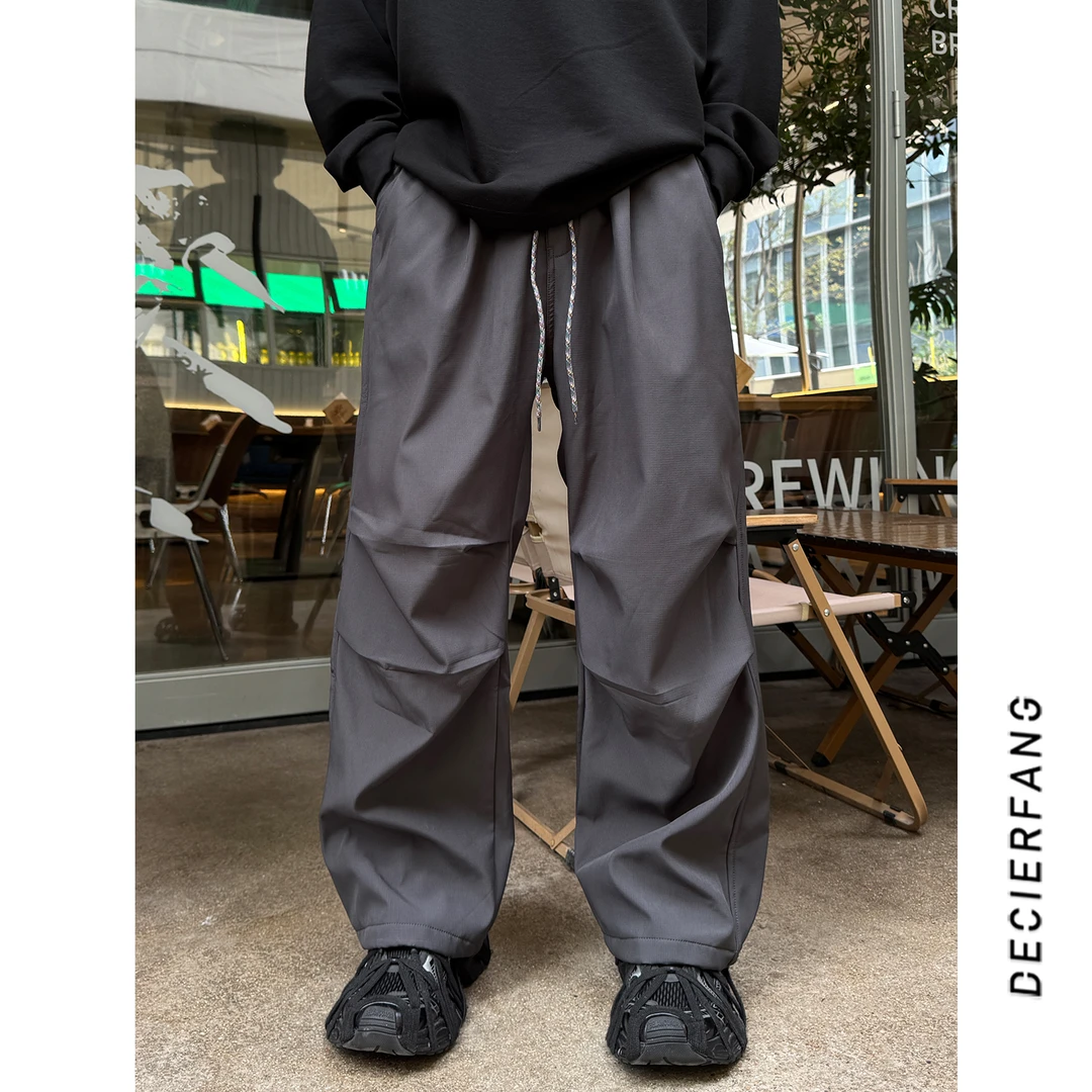 美式小众褶皱防风工装休闲裤男冬季加绒保暖直筒阔腿工装长裤