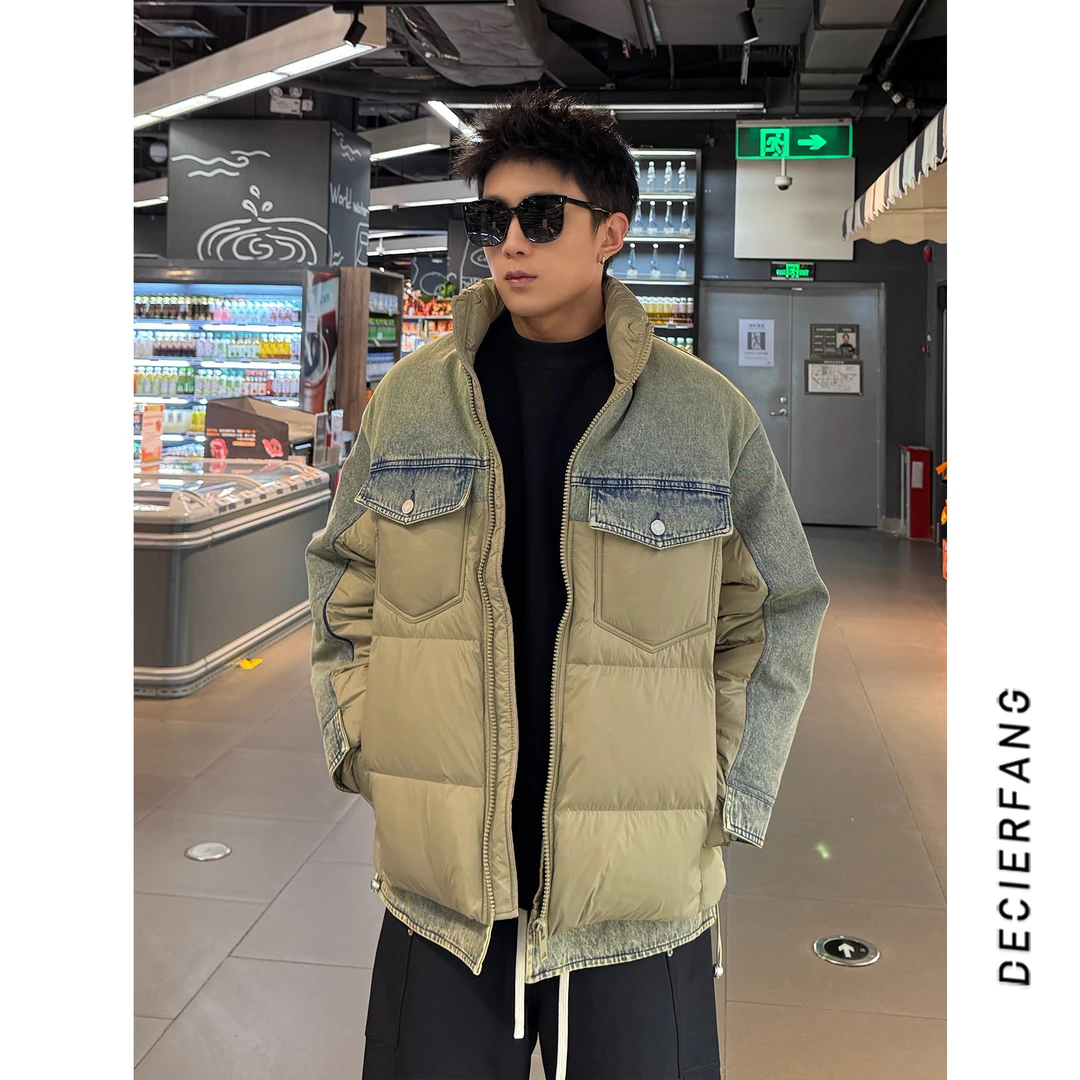 冬季牛仔拼接保暖羽绒服新款潮牌美式复古宽松立领保暖外套男