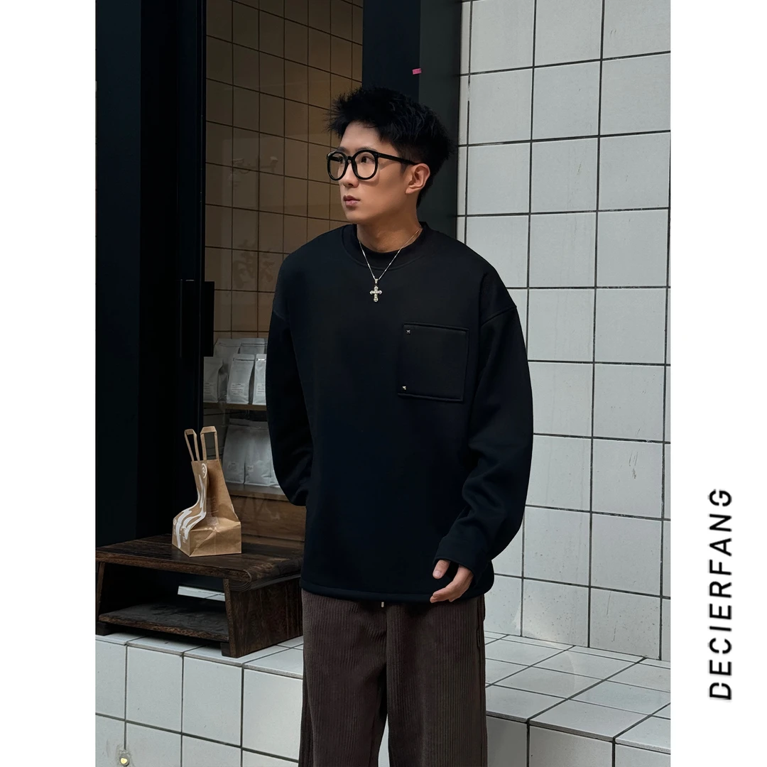 秋冬款圆领加绒保暖卫衣男宽松休闲百搭轻熟风套头长袖上衣潮