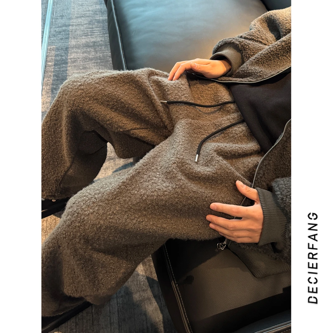 纯色圈圈毛绒休闲裤男冬季加厚保暖外穿棉裤直筒宽松阔腿长裤男