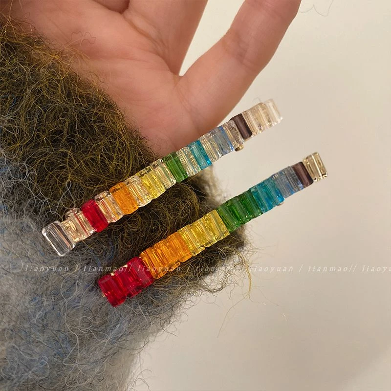 彩虹幸运~精致水钻刘海夹前额网红碎发夹女侧边简约鸭嘴夹子头饰