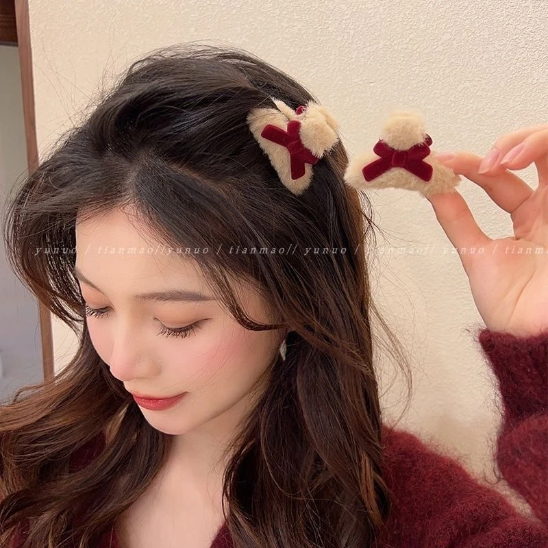 偷心贼~可爱蝴蝶结发夹女侧边秋冬毛绒小抓夹ins简约刘海夹子