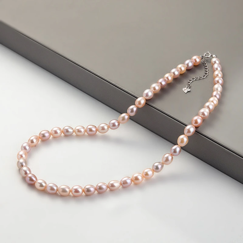 6.5-7.5mm极光925银彩色胖米天然淡水无核珍珠项链45cm