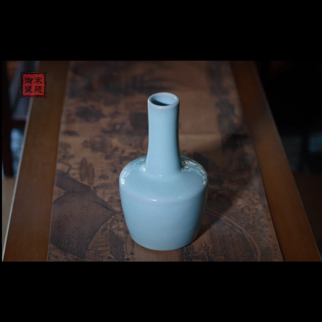 【宋廷御瓷·汝官窑】原矿天青釉大号纸槌瓶/高度22cm 汝州原产地