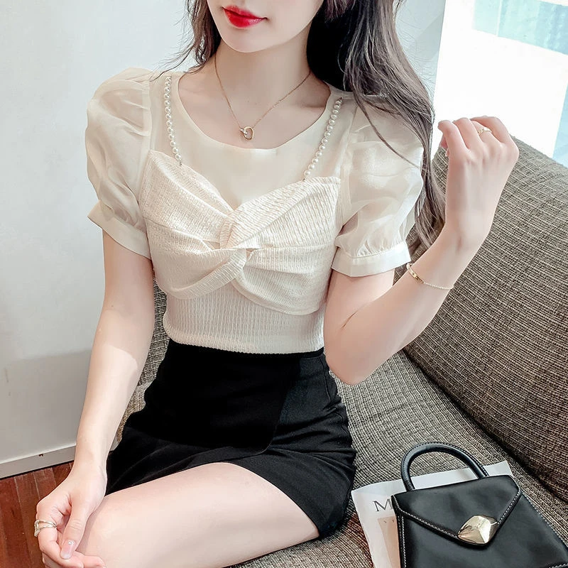 法式衬衫上衣女2023新款夏季洋气百搭珍珠吊带泡泡短袖设计感小众