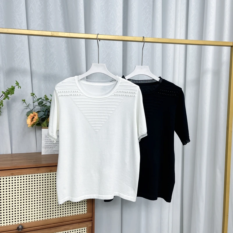 261女士短袖T恤针织时尚休闲百搭夏季宽松纯色圆领女士短袖T恤