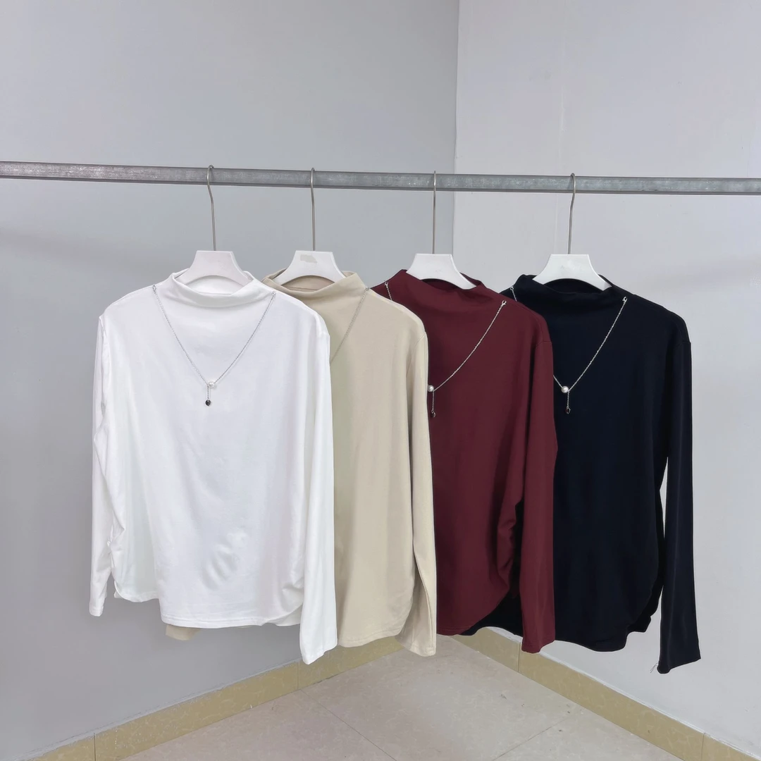 416女士T恤长袖网红时尚休闲百搭简约半高领纯色秋冬韩版