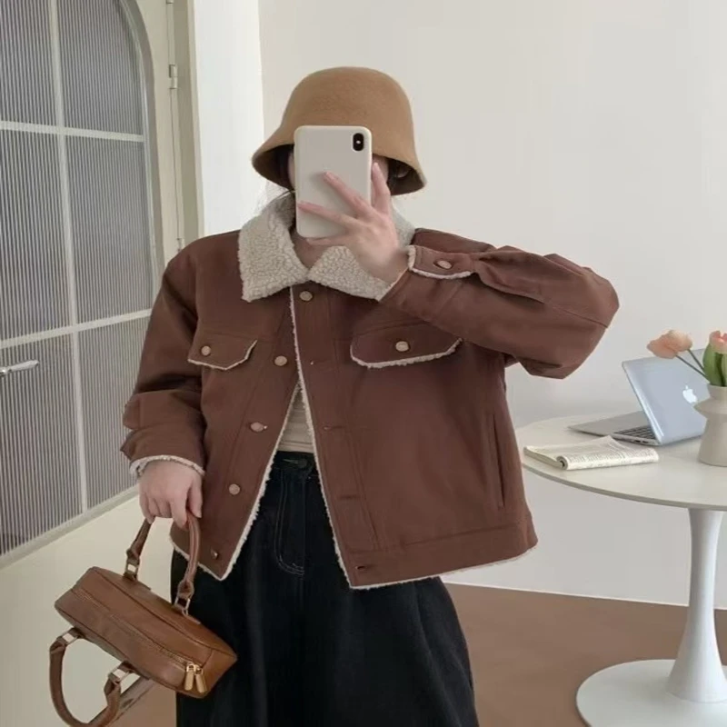 402冬季新品外套 时尚百搭加绒加厚韩版翻领气质短款