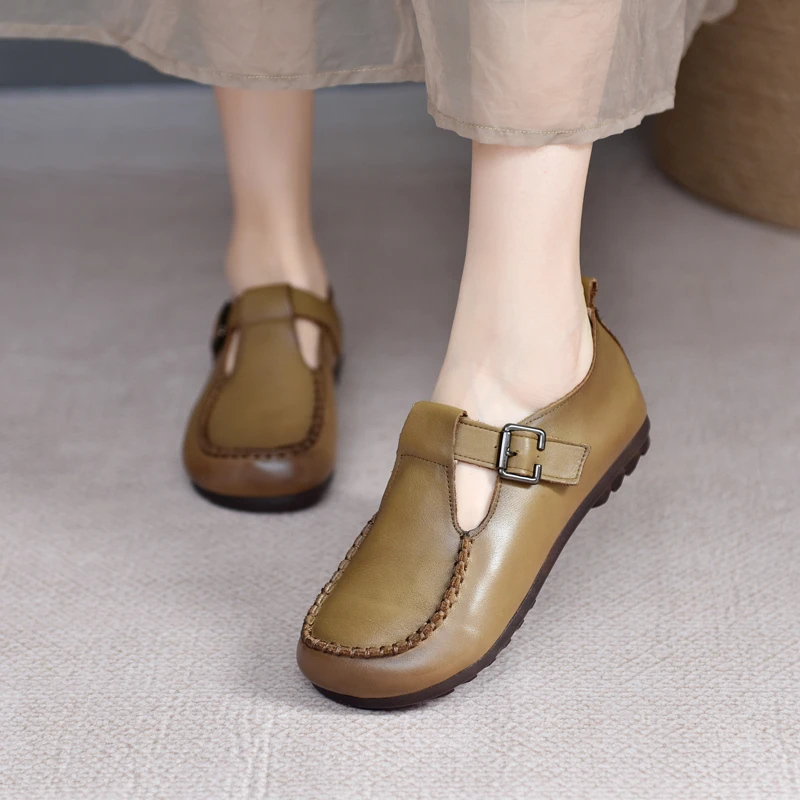 佰芬头层牛皮平底真皮手工单鞋2025新款软底浅口丁字鞋21309百搭