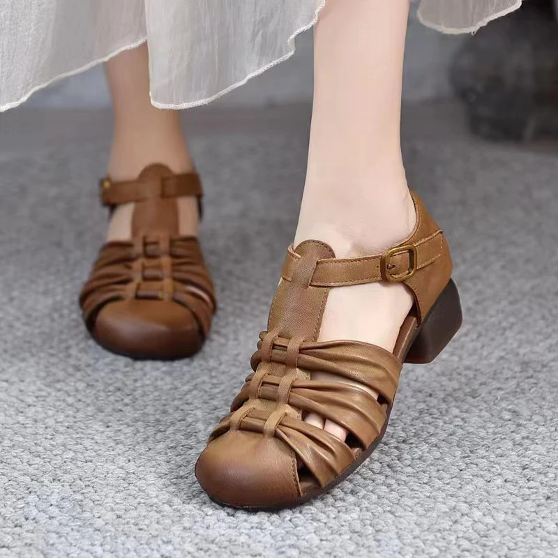 佰芬2024年头层牛皮罗马编织软底复古镂空真皮粗跟舒适夏季凉鞋