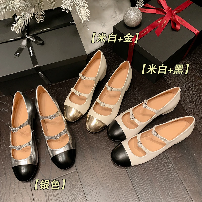 【羊皮】4CM/质感高跟双绑带水钻秀气百搭玛丽珍女鞋法式粗跟单鞋