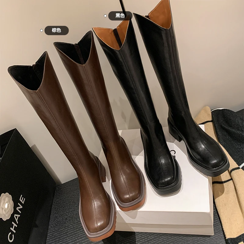 【骑士靴】牛皮5.5cm/小个子方头百搭后拉链长靴不过膝V口显瘦女靴
