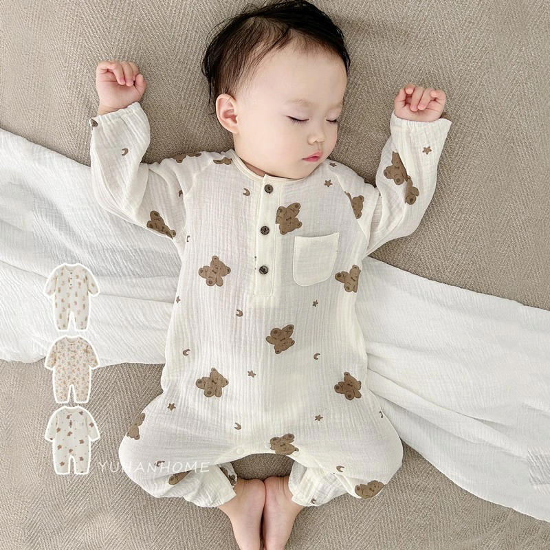 【椰子扣纱布】小熊猫棉长袖连体衣