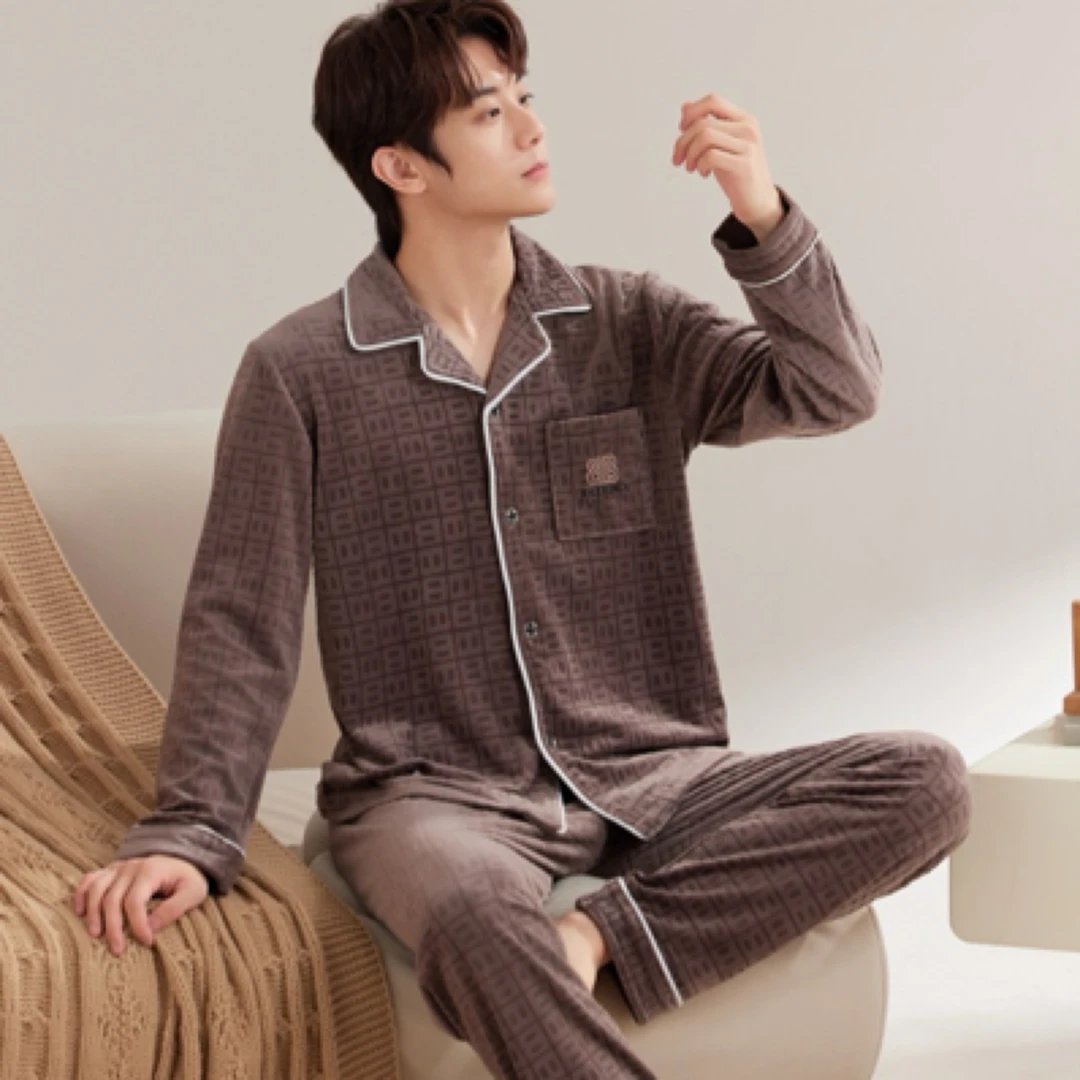 男士加厚海岛绒睡衣加绒冬天字母刺绣帅气时尚开衫保暖家居服套装