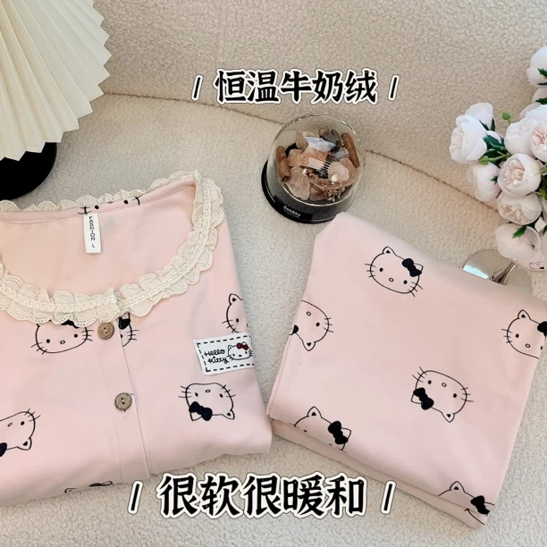 【圆领蕾丝KT喵】秋冬新款牛奶绒加厚睡衣女可爱简约保暖家居服