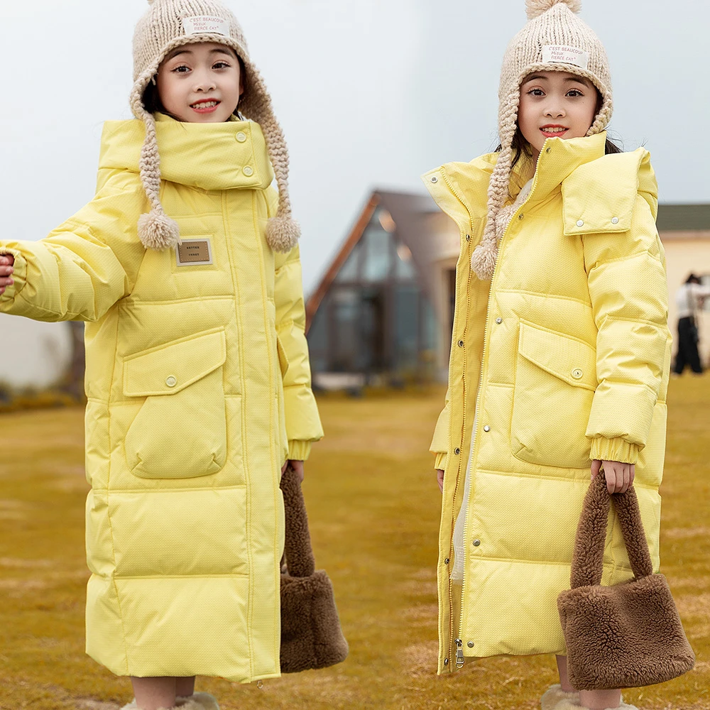 女童长款羽绒服中大童过膝儿童羽绒丝冬季女孩外套冬装洋气黄色
