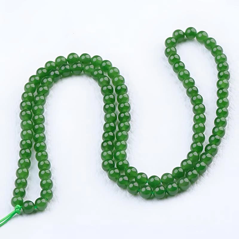 天然和田碧玉项链6mm无黑点 108颗 俄罗斯老料挂链 女款玉石项链