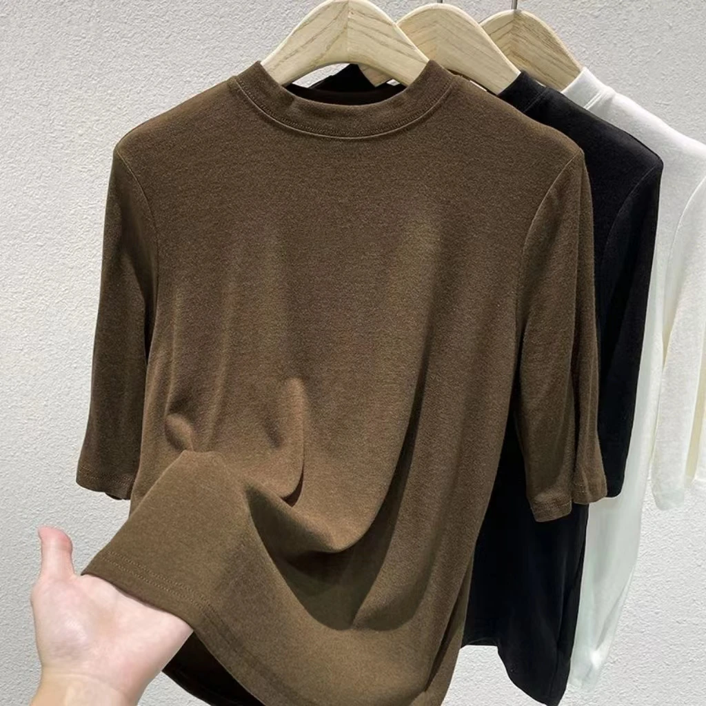 莫代尔棉2025新款春秋大码半袖T恤女修身内搭打底衫立领纯色上衣