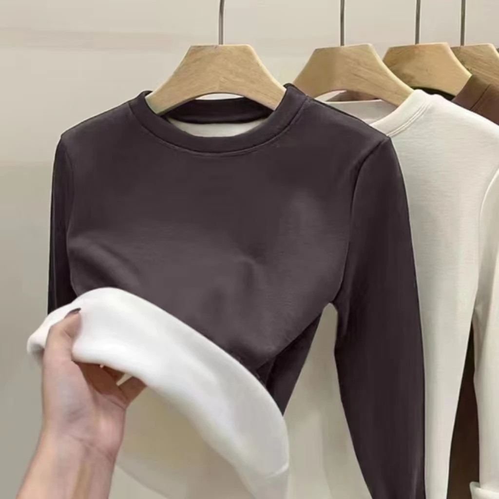 莫代尔大码秋冬季保暖长袖打底衫女加绒加厚内搭修身T恤内衣上衣