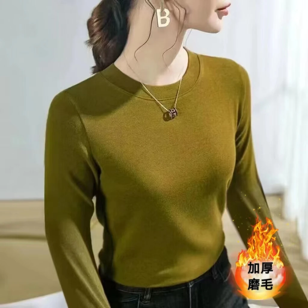 莫代尔大码圆领薄绒磨毛打底衫女秋冬修身内搭长袖T恤保暖上衣潮