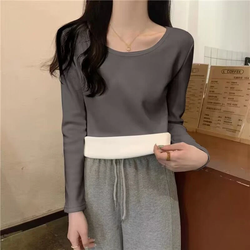 莫代尔秋冬季大码保暖长袖打底衫女加绒加厚修身内搭圆领T恤上衣