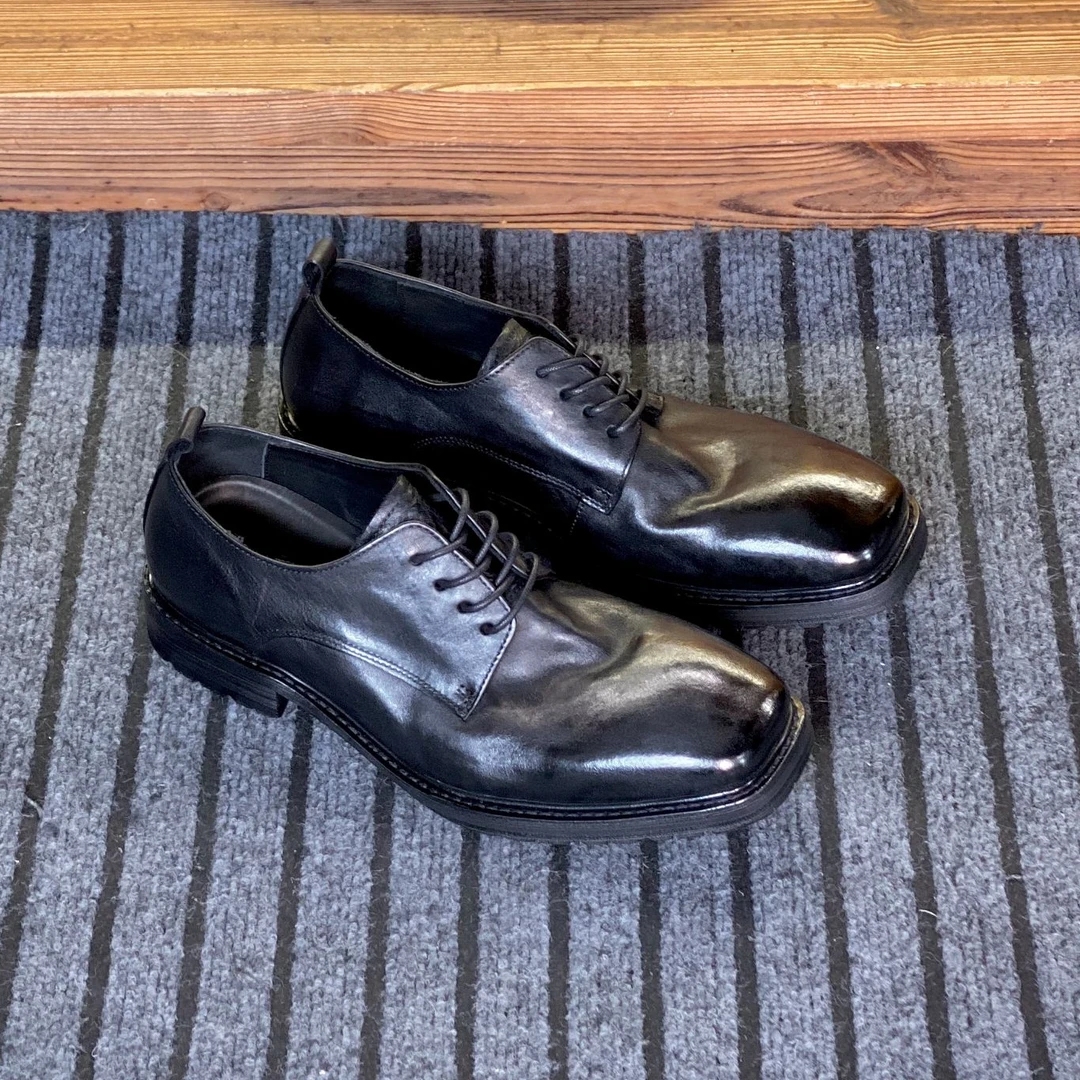 新款方头马皮男士皮鞋商务休闲系带男鞋德比鞋复古时尚手工鞋英伦