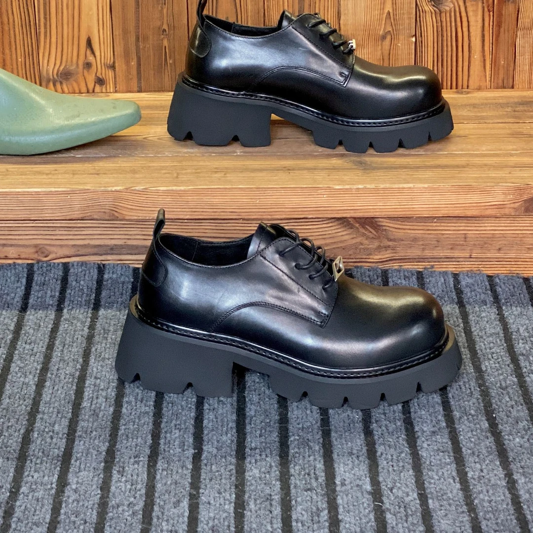 时尚复古大头皮鞋男粗跟厚底增高真皮休闲皮鞋欧美风男士系带高跟