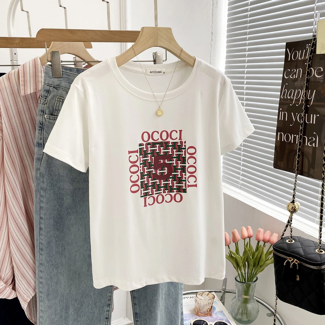 特-棋牌格正肩短袖t恤女显瘦字母夏季2025独特百搭女ICO