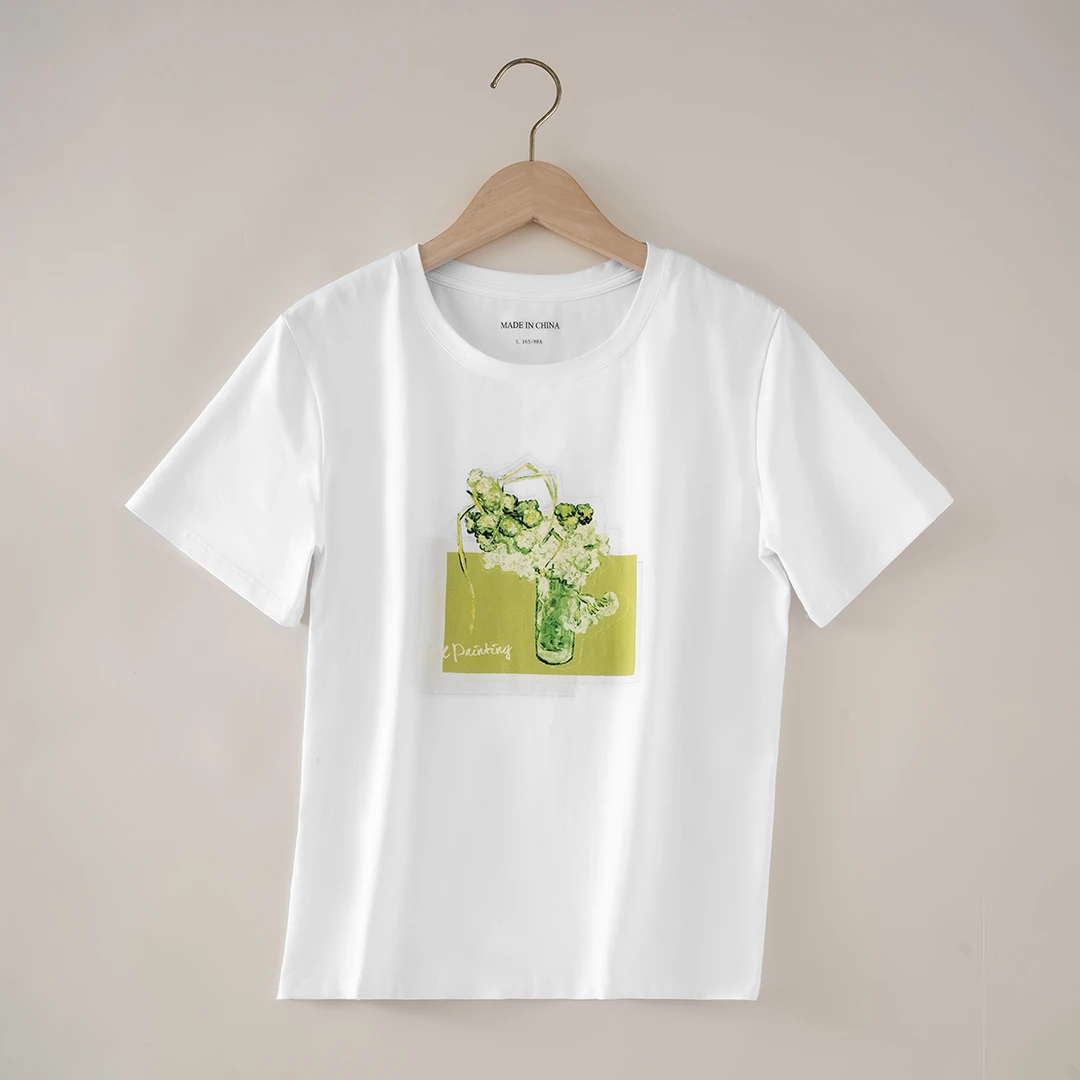 白色小清新-新款220g百搭纯棉短袖显瘦弹力印花T恤女AYM-HH-9