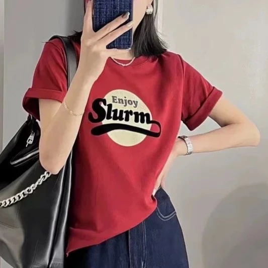 小月亮-特价新款短袖T恤女圆领上衣休闲百搭小众时尚BTT1红色印花