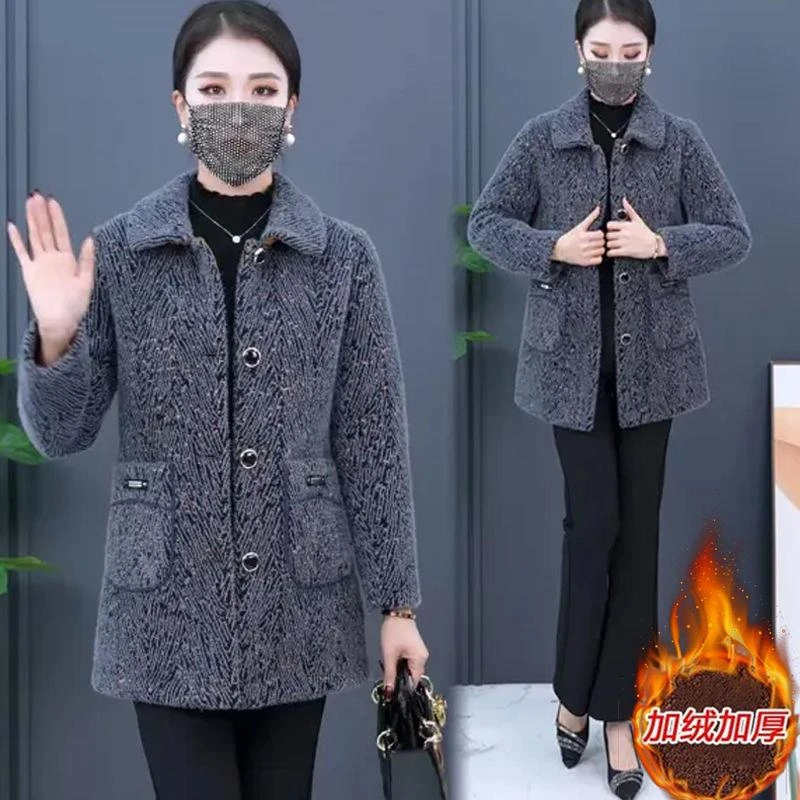 妈妈装水貂绒加绒加厚外套秋冬新款女显瘦中长款毛呢外套大衣