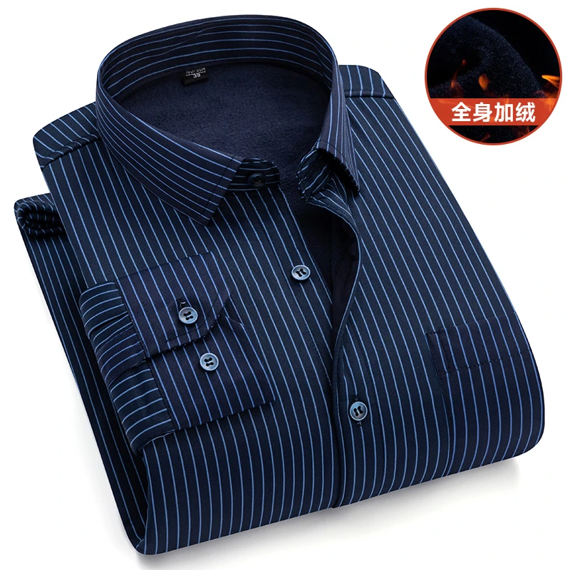 2024男士冬季加绒加厚牛津纺长袖衬衫中老年条纹保暖男式加绒衬衫
