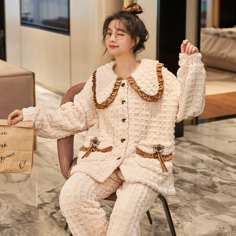 冬季睡衣女款法兰绒小香风睡衣珊瑚绒加绒加厚保暖家居服套装5849