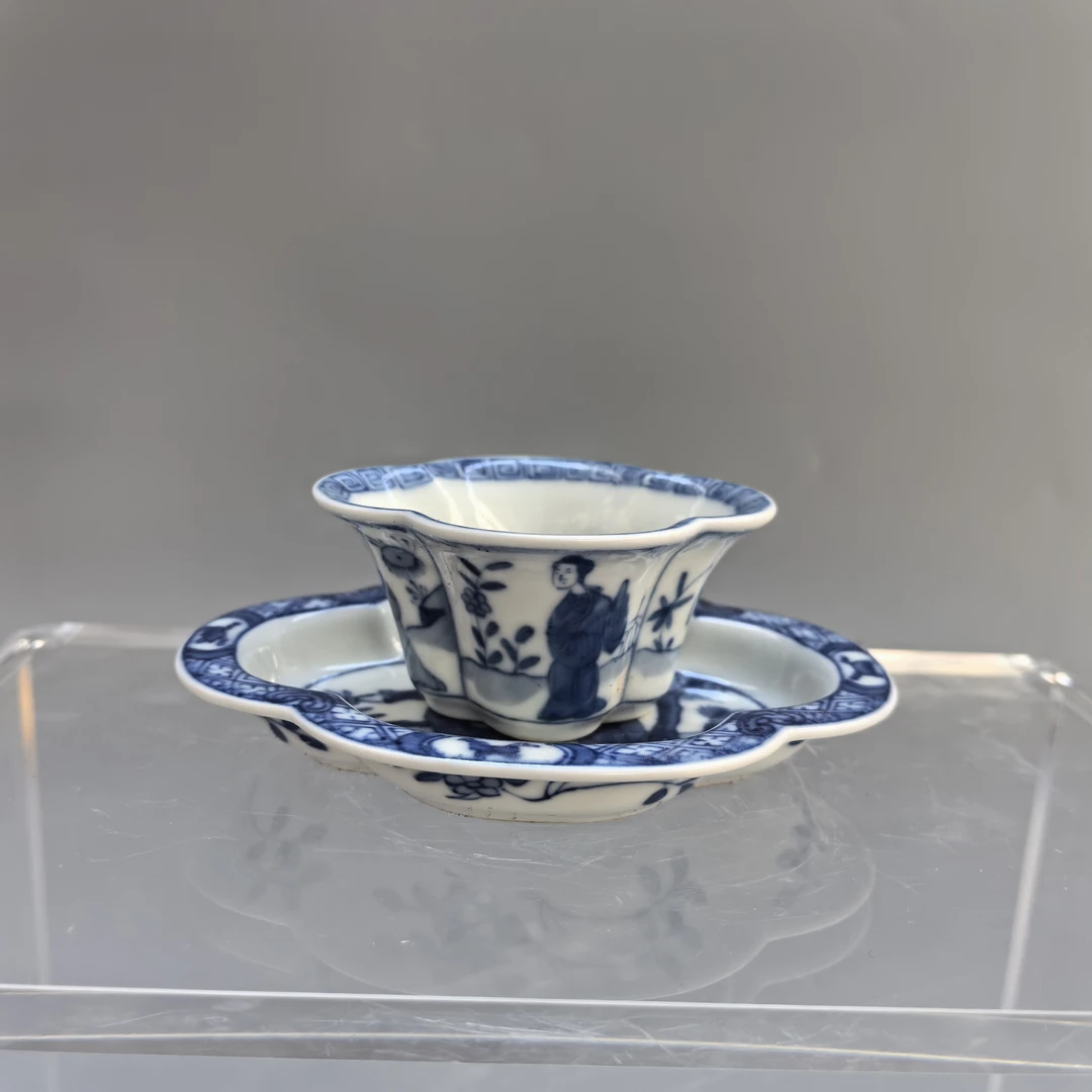 古董 清青花侍女人物故事海棠套杯 瓷器/古玩/收藏品