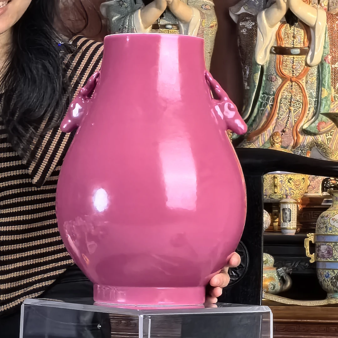 清 胭脂红釉双鹿头尊