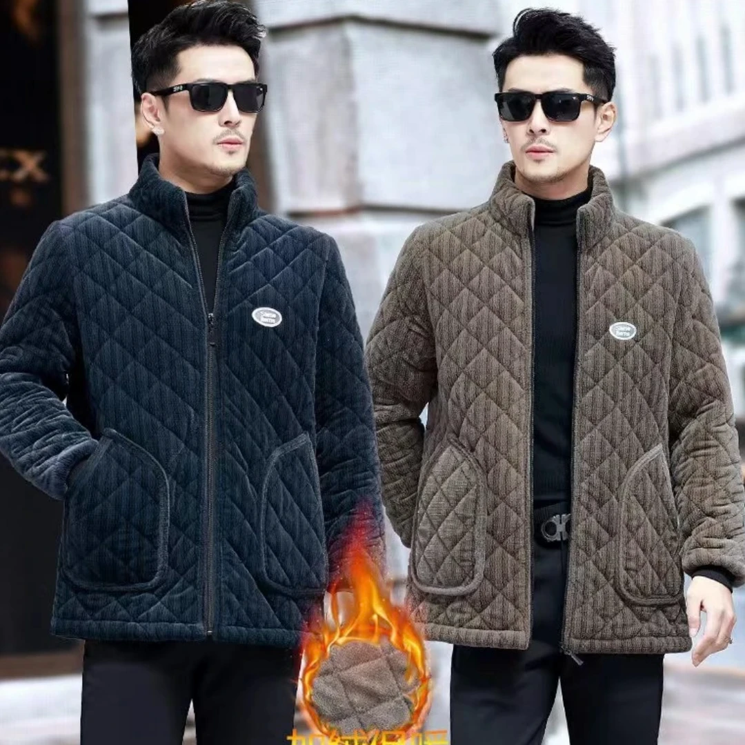 2024冬季新款男士加绒加厚保暖时尚纯色棉衣休闲百搭外套