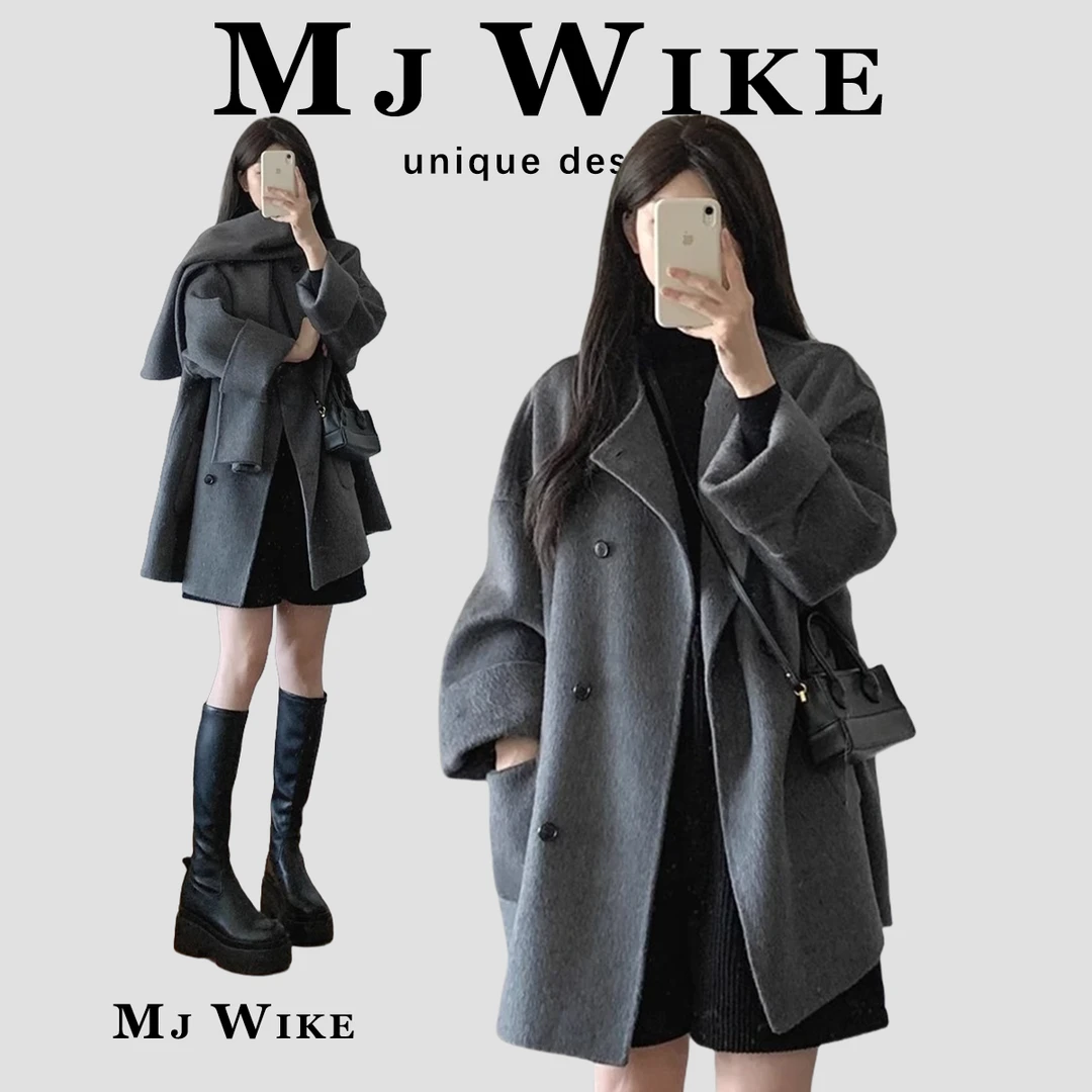 韩系灰色中长款呢子大衣外套女秋冬2024新款毛呢外套高级感小个子