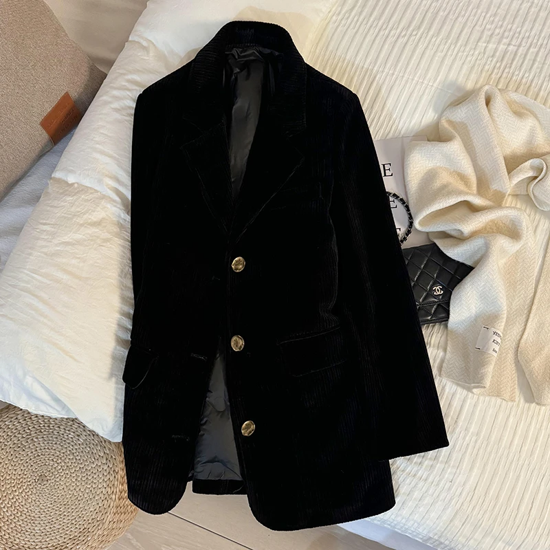 黑色韩版显瘦灯芯绒西装外套女韩系冬季新款加厚内里加厚小西服