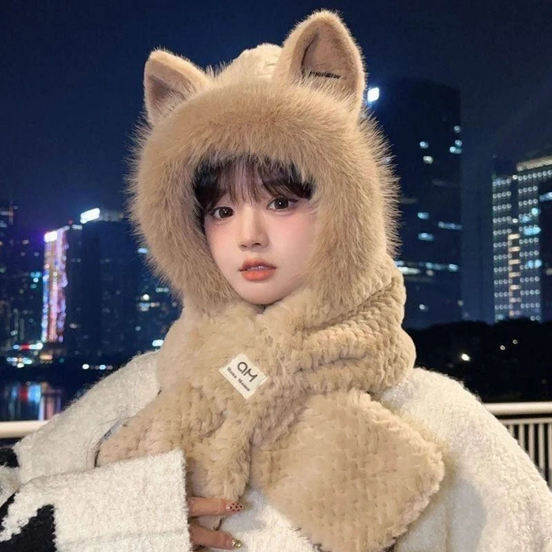 福利包邮帽子可爱狐狸耳朵围巾加厚一体毛绒保暖护耳围脖秋冬季潮