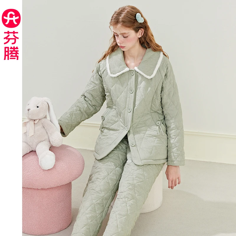 芬腾女士珊瑚绒睡衣三层加厚夹棉袄冬季套装抗静电加绒保暖家居服