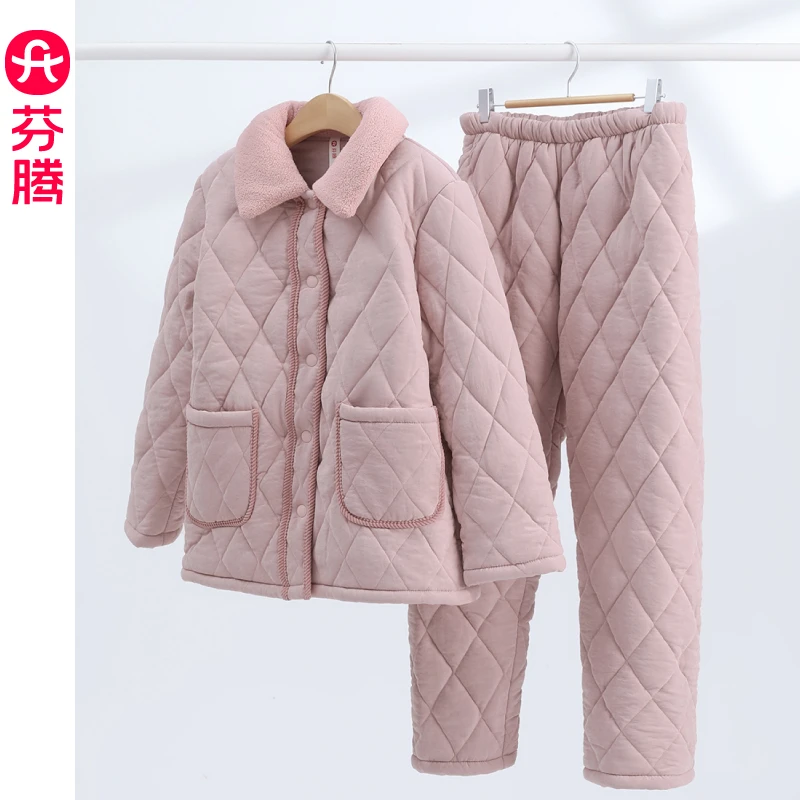 芬腾三层夹棉睡衣女士秋冬季珊瑚绒开衫加厚保暖超厚法兰绒家居服