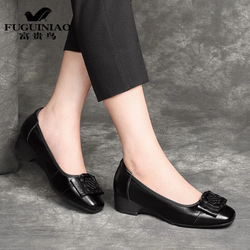 富贵鸟皮鞋女春夏秋季款中跟粗跟单鞋女职业工作鞋中年妈妈女鞋