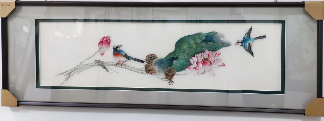 精品纯手工苏绣荷花双鸟挂床头尺寸143x48cm