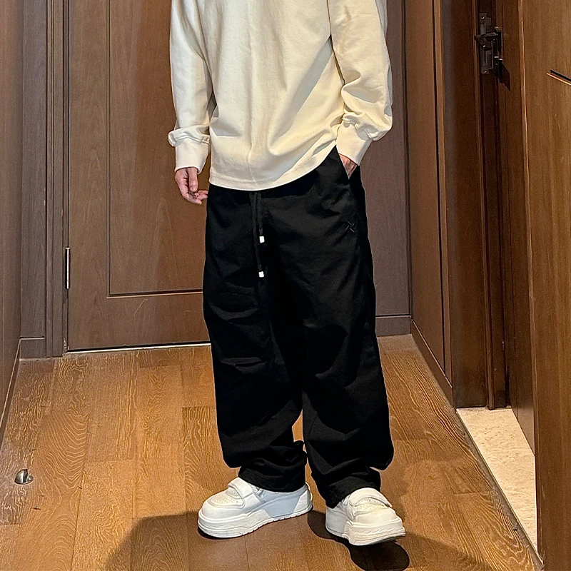 到位男装早秋简约侧拼接华夫格直筒长裤黑色休闲裤男款春秋潮E025