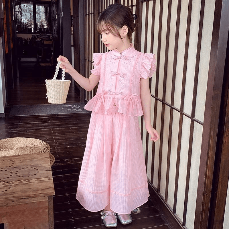 女童新中式国风阔腿裤套装小女孩夏装2024新款洋气儿童休闲两件套